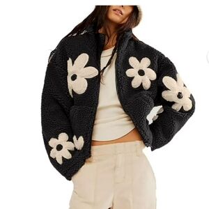 NWT Floral Print Sherpa Fleece Jackets Winter Zipper Cropped Coat Casual Long